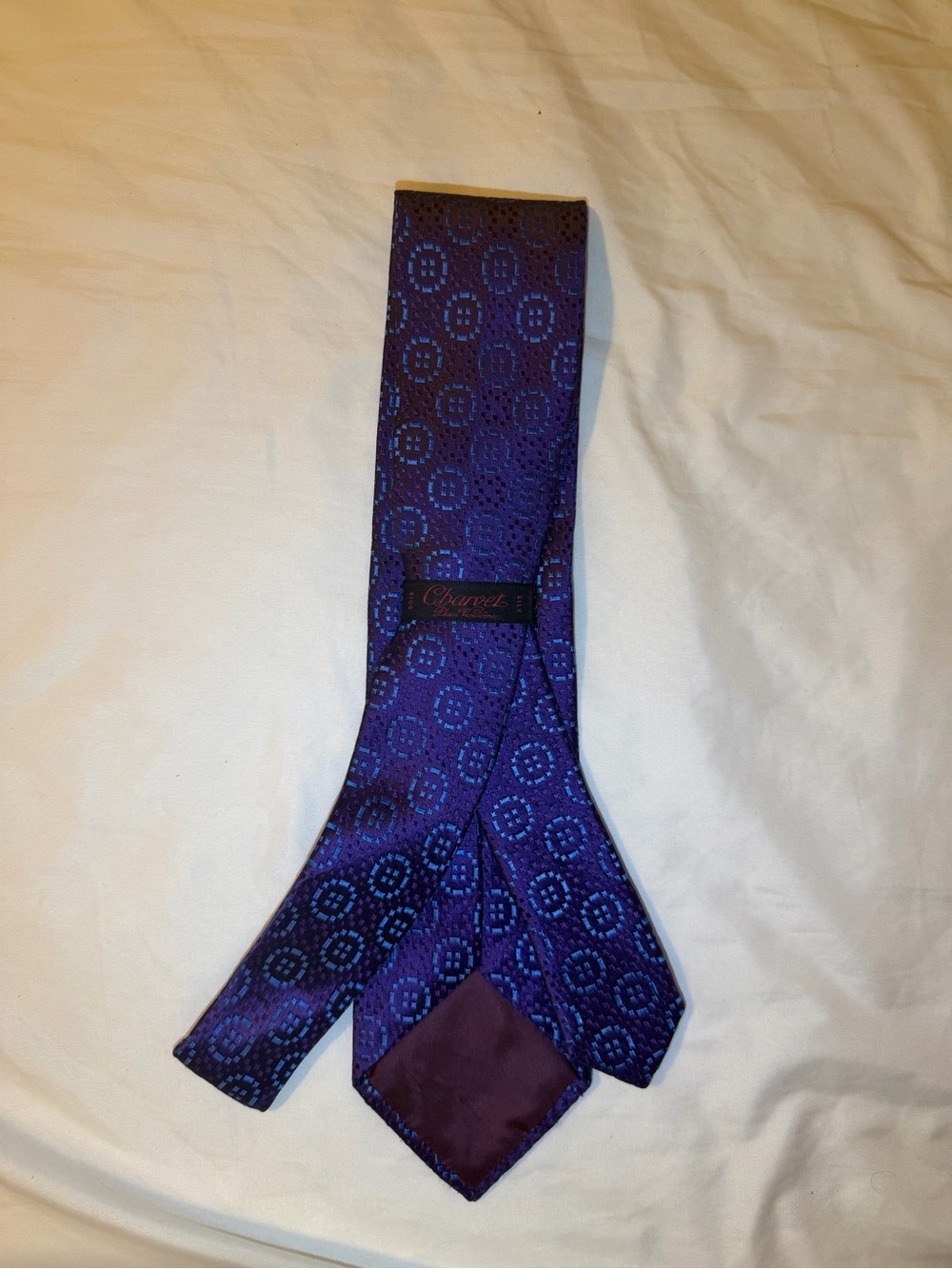Charvet DESIGNER Purple Tie with Blue Geometric Medallions